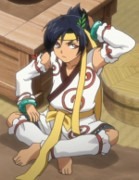 The fantasy world Arata sits cross-legged frustrated and rubbing the back of his head, in his traditional fantasy garb