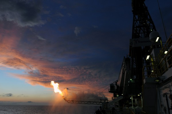 Deepwater Horizon flaring operation. Gas from the damaged Deepwater Horizon wellhead is burned by the drillship Discoverer Enterprise, 16 May 2010, in a process known as flaring. Gas and oil from the wellhead are being brought to the surface via a tube that was placed inside the damaged pipe. Photo: Petty Officer 3rd Class Patrick Kelley