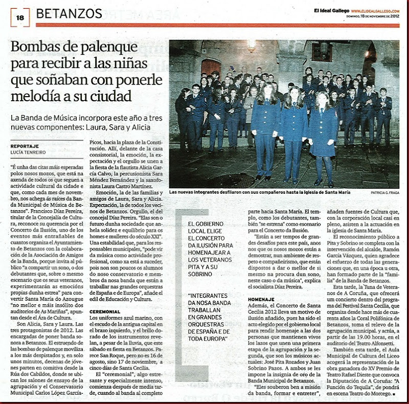 Recorte do xornal El Ideal Gallego correspondente ao domingo 18 de novembro de 2012