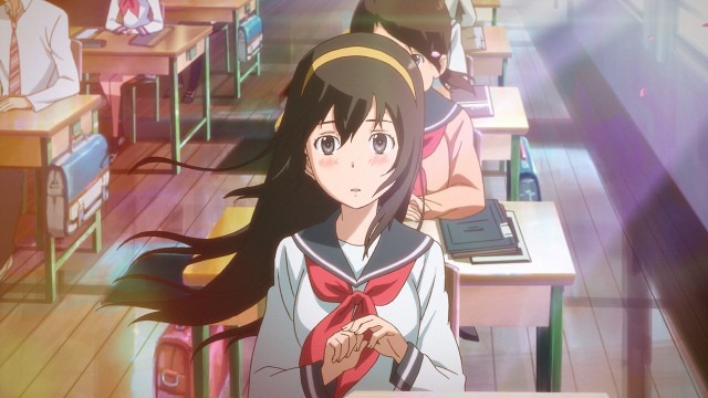 Kahori looks up from her desk, unsure of her emotions, as a breeze catches her long brown hair