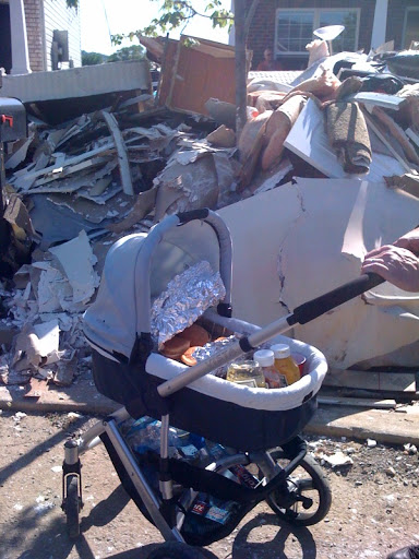 Luke's baby carriage full of burgers and hot dogs