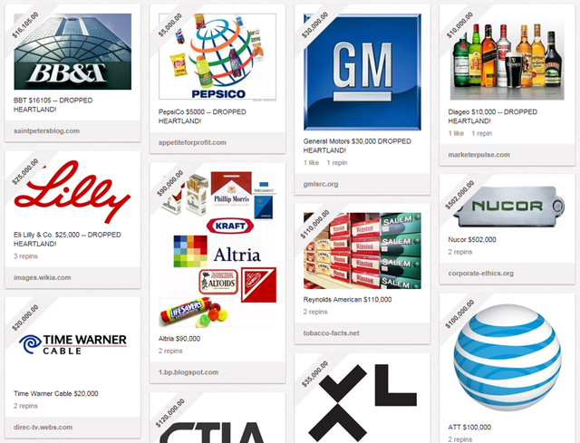 Screenshot of Brad Johnson's Pinterest site, 'Heartland Institute Sponsors'. Brands such as BB&T, PepsiCo, General Motors, Diageo, and State Farm have dropped support for Heartland Institute, because of a billboard campaign that compared those who accept climate science with terrorists. Brad Johnson