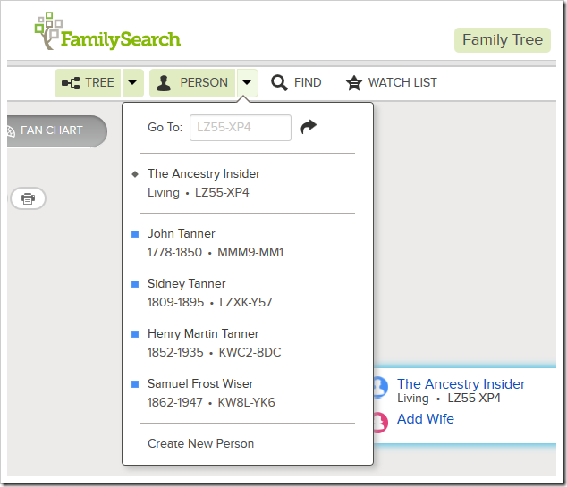 FamilySearch Family Tree person dropdown history list