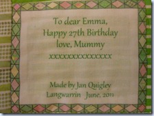 Emma's quilt label
