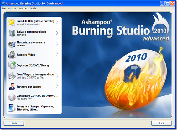 Interfaccia grafica Ashampoo Burning Studio 2010 Advanced
