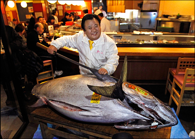 Kiyoshi Kimura, president of Kiyomura Co., poses with a bluefin tuna in front of his Sushi Zanmai restaurant near Tsukiji fish market in Tokyo Saturday, 5 January 2013. The tuna sold for a record $1.76 million at a Tokyo auction Saturday, nearly three times the previous high set in 2012. Shuji Kajiyama / AP Photo