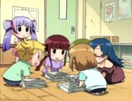 The primary cast in chibi form gather round to sort newspapers before delivery as Saki stands watching like a foreman