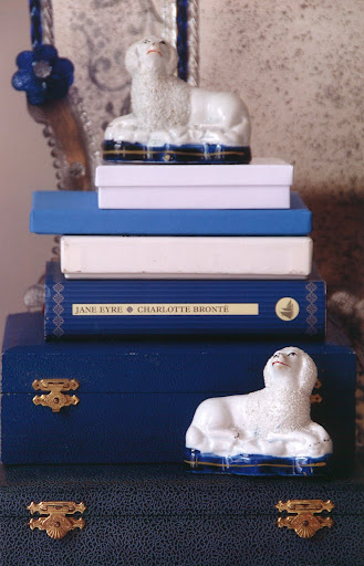 Blue and white books, boxes and porcelain.