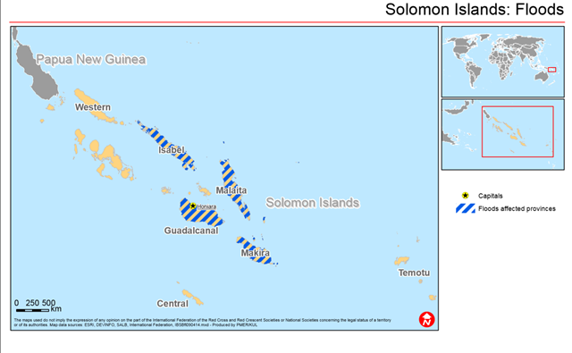 Map showing flood affected provinces in the Solomon Islands, following the record flooding in April 2014. Graphic: International Federation of Red Cross and Red Crescent Societies