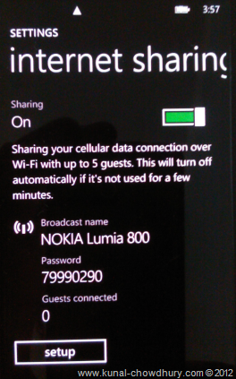 Internet Sharing screen from Windows Phone 7