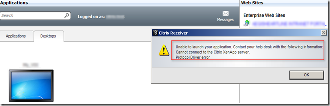 Citrix Receiver Protocol Driver Error