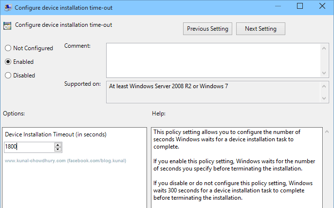 Set the Device Installation Timeout to 1800 (www.kunal-chowdhury.com) Set the Device Installation Timeout to 1800 (www.kunal-chowdhury.com)