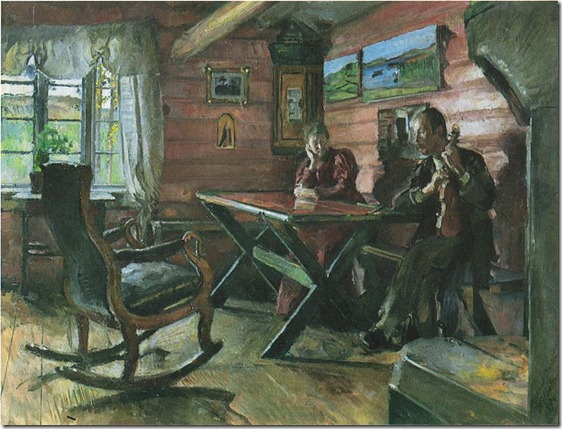 Harriet_Backer-Kolbotnstua.1896 painting are Hulda Garborg and Arne Garborg, Kolbotnstua was their home on the farm Kolbotn in &Oslash;sterdalen from 1888