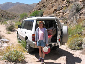 Linda with her trusty Mitsubishi Montero arriving at the campsite.