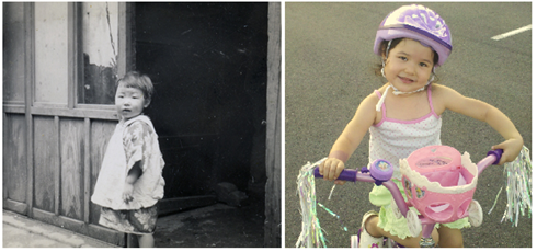 Left: Japanese girl, picture by Puzant "Mike" Keropian, http://www.keropiansculpture.com/wwii_photos.html ; Right: My daughter Dee Dee with her new bicycle this summer.