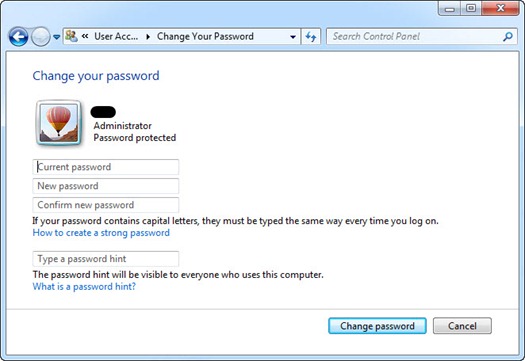 Merubah password user di Windows 7