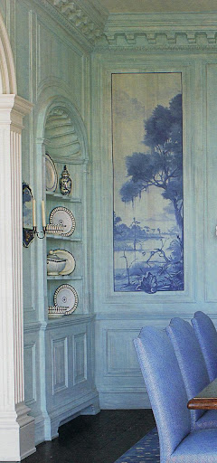 This color is so beautiful especially with the classic blue and white wall panel and chairs.