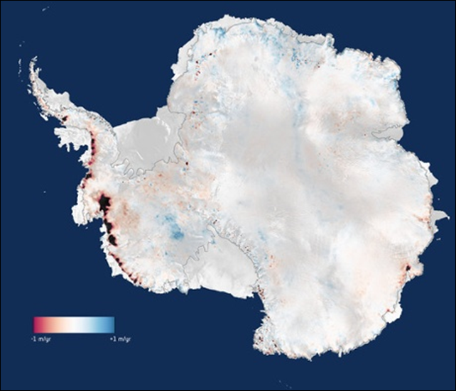 Change in height of the Antarctic Ice Sheet, 2010-2013, relative to 2005-2010. Three years of measurements from CryoSat show that the Antarctic Ice Sheet is now losing 159 billion tonnes of ice each year, enough to raise global sea levels by 0.45 mm per year. Graphic: CPOM / Leeds / ESA