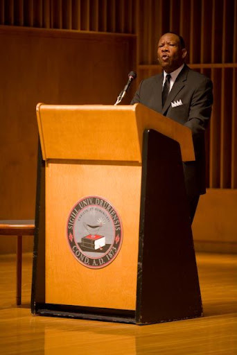 Actor and public speaker Jim Lucas read selected passages from the Rev. Dr. Martin Luther King, Jr.'s  famous speeches. (Photo courtesy of Drury University)