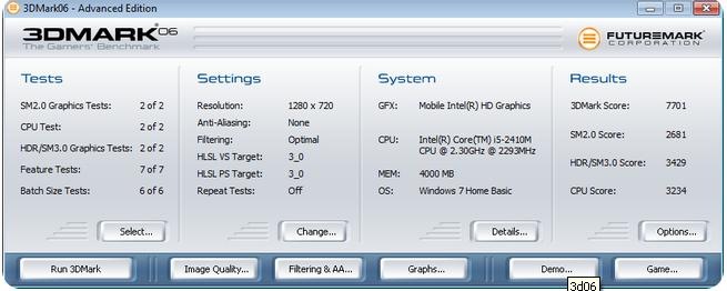 DELL Inspiron N4110 3dmark06 benchmark