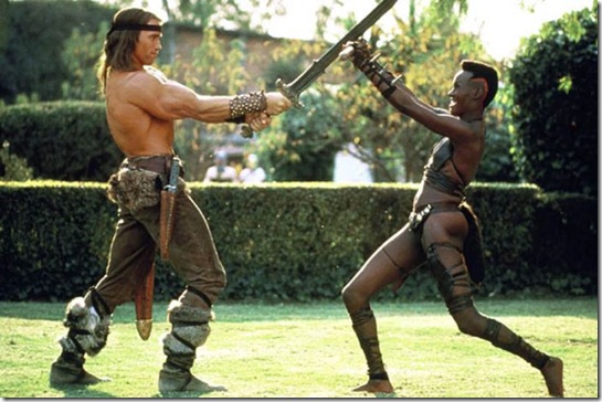 ARNOLD SCHWARZENEGGER & GRACE JONESFilm 'CONAN THE BARBARIAN' (1984)29/06/1984CTR58875Allstar/Cinetext/UNIVERSAL** WARNING** This photograph can only be reproduced by publications in conjuction with the promotion of the above film.