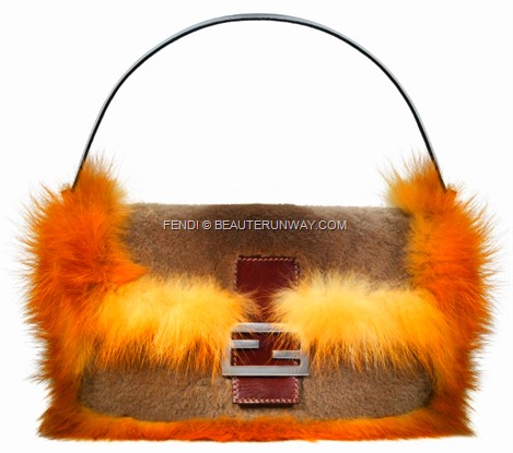 FENDI FUR BAGUETTE BAG  iconic designs fur trim double F silver and brown leather clasp calf skin, pony hair, sequins, beads, colours BOOK