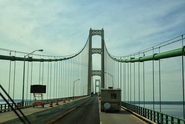 Mackinac Bridge, Lake Huron on the left., Lake MI rt.