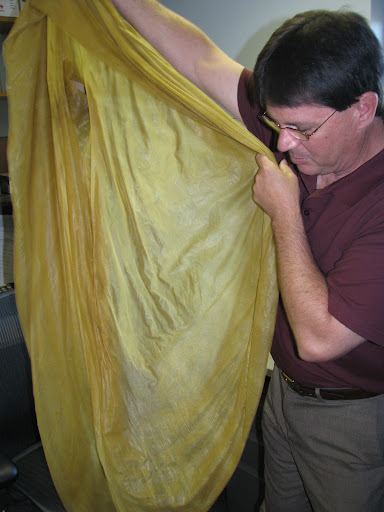 National Weather Service Warning Coordination Meteorologist Steve Runnels holds a deflated weather balloon. The balloons are sent up twice a day from Springfield, and relay weather data back to the office.
(Photo credit: Jennifer Moore)