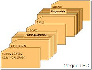 Fichas en lenguaje de procesamiento por lotes, con programa y datos, para ejecución secuencial.