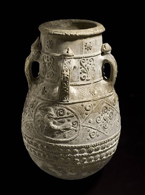 Jar Iraq Jar, 11th-12th centuries Ceramic; Vessel, Earthenware, applied and incised decoration, 24 x 15 1/2 in. (60.96 x 39.37 cm) The Nasli M. Heeramaneck Collection, gift of Joan Palevsky (M.73.5.710) Art of the Middle East: Islamic Department.