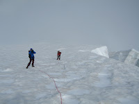 On the upper glacier things start opening up a bit. Weather would clear for a minute, then more clouds would roll back in. Having a GPS was pretty crucial.