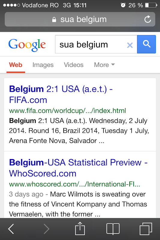 Google FIFA World Cup One Box SUA vs Belgium on mobile