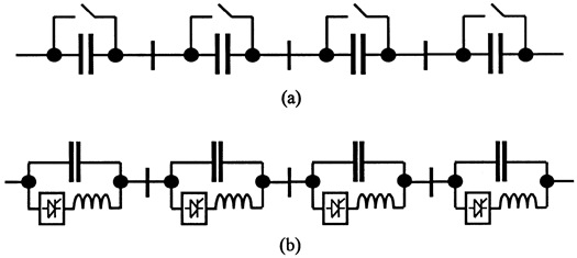 One phase of a series capacitor. (a) mechanically controlled; and (b) electronically contralled