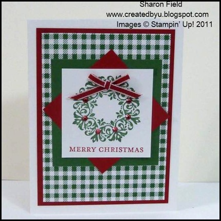 The_Sounding_Joy, Sharon_Field, Brushed_Gold,Quilted_Satin_Ribbon, CAS, 5_minute_Cards, Christ_The_King, camp, Holiday Mini Catalog, Lovely_As_A_Tree, Petite_Pairs, Bright_Hopes, Rhinestones, Frostwood_Lodge