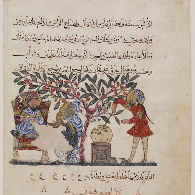 Folio from an Arabic translation of the Materia Medic by Dioscorides; recto: preparation of medicine from the flower of the wild vine; verso: text | Origin: Iraq | Period: 1224 Abdallah ibn al-Fadl | Details: One of the earliest illustrated texts from the Islamic world is the Arabic translation of the Materia Medica, a Greek scientific treatise. It was written in the first century C.E. by Dioscorides, a soldier attached to the Roman army who studied the flora of Asia Minor while in service. Divided into five chapters, the text provides the name, habitat, and pharmaceutical uses of some five hundred plants. This folio is from a chapter entitled "Vines and Wines." According to Dioscorides, one of the many healing properties of the wild vine flower is the alleviation of stomach pain, headaches, swollen eyes, and the inflammation of fingers and toes. Arabic copies of the Materia Medica are notable for their lively narrative illustrations. In this example, a young apprentice prepares a remedy under the shade of a large fruit tree while an elderly physician probably explains the medication to his patient. Such compositions allowed painters to add pictorial interpretations to the text and transform it into more than just a scientific treatise. | Type: Opaque watercolor, ink and gold on paper. One of a set: S1986.98, S1986.97, F1947.5, F1953.91, F1943.2, F1938.1, F1932.20, F1932.21. | Size: H: 33.1 W: 23.2 cm | Museum Code: F1932.22 | Photograph and description taken from Freer and the Sackler (Smithsonian) Museums. 0096e94e1de0477f950f8af2472808c0.jpg