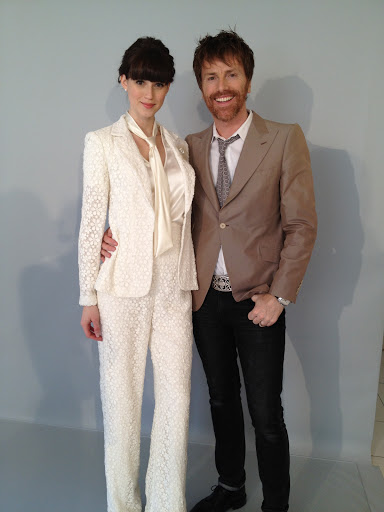 Designer Don O'Neill with a model in a fun pant suit.