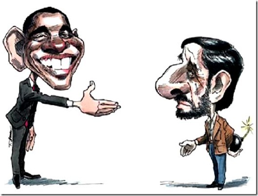 BHO extending to Ahmadinejad holding bomb toon