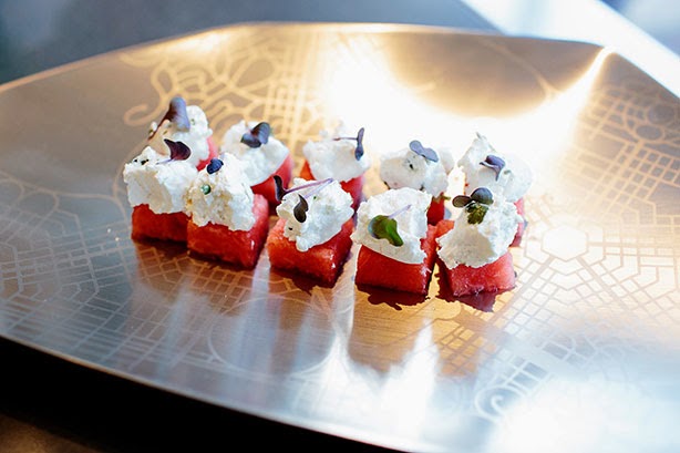 Watermelon and Persian Feta Cubes, prepared by Foodish with ingredients sourced from Fyshwick Fresh Food Markets. Served on the Griffin Blueprint Dish by MAKEOUT Design. HerCanberraDinner050.jpg