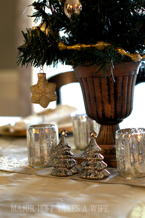 Mercury Glass Christmas Tree salt and pepper shakers. A delightful Dining Room Holiday Tour. See how Mrs Major Hoff decorates for Christmas. The tour features table decorations, dining room decorating ideas, place settings and an idea for homemade Christmas gift that can be personalized for your holiday guests. This post is part of the Home For The Holidays Blog Tour. Mercury Glass Christmas Tree salt and pepper shakers. A delightful Dining Room Holiday Tour. See how Mrs Major Hoff decorates for Christmas. The tour features table decorations, dining room decorating ideas, place settings and an idea for homemade Christmas gift that can be personalized for your holiday guests. This post is part of the Home For The Holidays Blog Tour.
