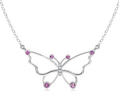 Round Pink Sapphire and Diamond Butterfly Pendant in 14K White Gold