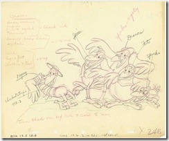 From Dumbo (1941).  A pencil sketch of crows with red mark up directions, names of crows.  "2006.12.212.0"  "cel 1  1st set up  24B"  10”H X 12"W  Circa 1941  Acquired 2000. SeqID-0500  <br /><br />Wikipedia 8/9/2005-Dumbo note below: The crow characters in the film are in fact African-American caricatures; the leader crow voiced by Caucasian Cliff Edwards is officially named "Jim Crow". The other crows are voiced by African-American actors, all members of the Hall Johnson Choir.