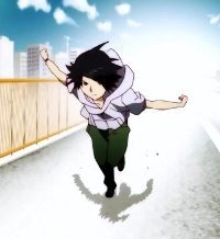 A head-on view of the main character Araragi Koyomi running arms out along a fenced-lined sidewalk