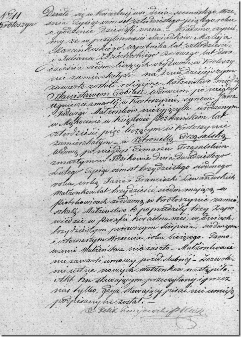 Marriage of Stanislaw Tobiasz and Petronela Trzasalska - 16 Sep 1845 - No 11 - Kooscielna Wies Parish
