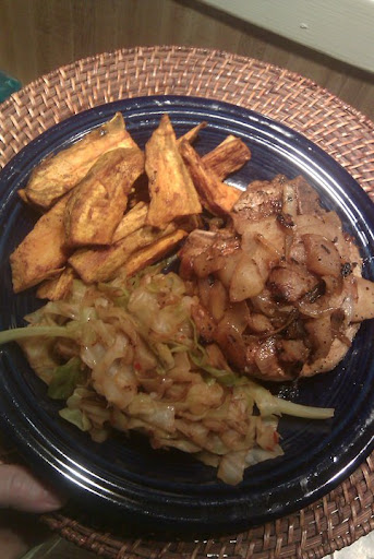 Sweet Potato Fries, Pork with Apples & Onions, Sauteed Cabbage Sweet Potato Fries, Pork with Apples & Onions, Sauteed Cabbage