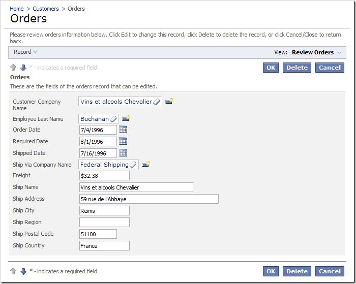 Default Orders edit form with 'Employee Last Name' field Default Orders edit form with 'Employee Last Name' field