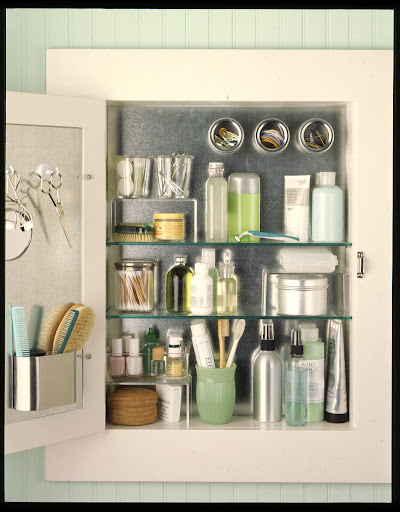 To maximize space in a traditional medicine cabinet, line the inside back of the cabinet and door with sheet metal, then use magnetic containers and hooks to hold supplies. To maximize space in a traditional medicine cabinet, line the inside back of the cabinet and door with sheet metal, then use magnetic containers and hooks to hold supplies.