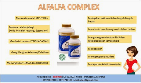 alfalfa yang membantu detoksifokasi dan mengatasi masalah keputihan dan bau serta kegatalan pada bibir vagina alfalfa membantu wanita untuk melangkah lebih yakin dengan mengatasi maslaah keputihan yang melampau yang mengakibatkan aktiviti bersama suami juga terganggu