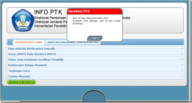 user ID dan pasword tidak valid