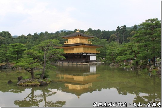 日本-金格寺，從這個角度拍攝金閣寺可以取得最佳的景點，金碧輝煌的金閣寺，映照著湖面，徐徐涼風吹來，陣陣連猗，那屋頂的鳳凰彷彿翩翩起舞。