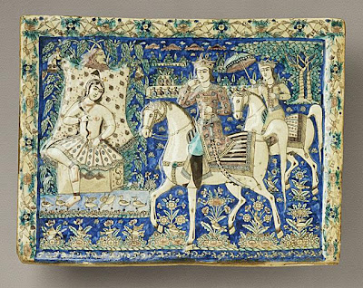 Tile | Origin: Iran, Tehran | Period: 19th century | Collection: Herbert R. Cole Collection (M.84.31.22) | Type: Ceramic; Architectural element, Fritware, molded, underglaze-painted, 15 1/4 x 20 1/4 in. (38.7 x 51.4 cm)